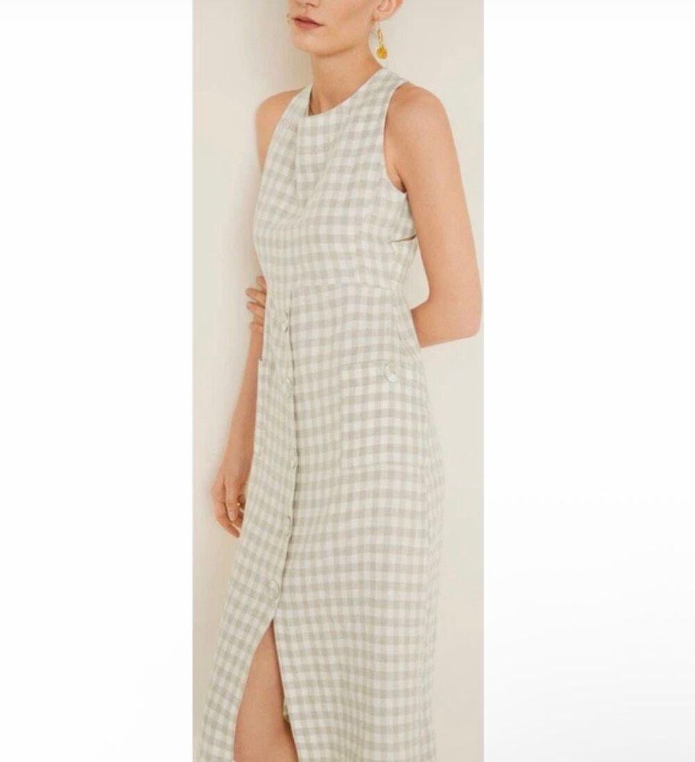 Mango Linen Dress Womens XS 2 Cream White Gingham Checked Sleeveless Midi Plaid